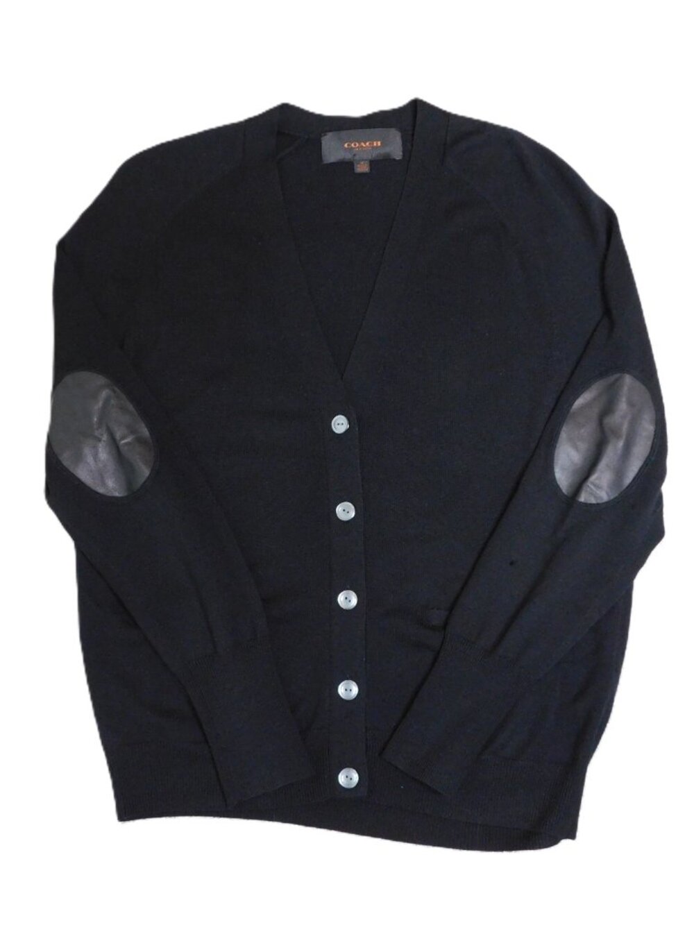 Coach Black Merino Wool Cardigan Sweater | Leather Patches | Prep | GUC | Medium